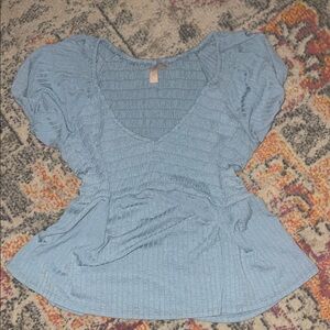 Blue Textured Short Sleeve Top